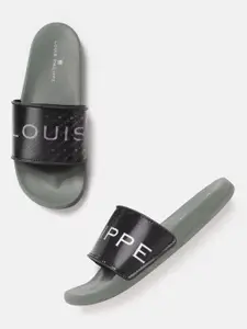 Louis Philippe Men Olive Green & Black Brand Logo Print Sliders