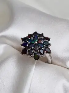 HIFLYER JEWELS Women Rhodium-Plated 925 Sterling Silver Black Stone Studded Finger Ring