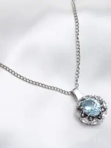 HIFLYER JEWELS Rhodium-Plated Blue Stone-Studded Pendant With Chain