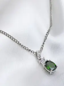 HIFLYER JEWELS Rhodium-Plated Silver-Toned White & Green Stone-Studded Pendant With Chain