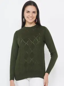 FABNEST Women aw_new_2022 Olive Green Round Neck Open Knit Pullover