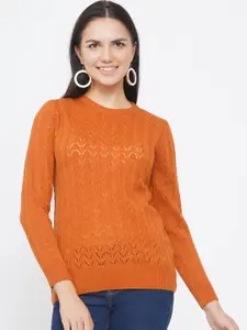 FABNEST Women Orange Cable Knit Pullover