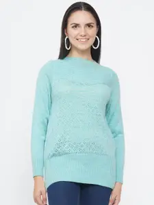 FABNEST Women Blue Cable Knit Longline Pullover