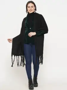 FABNEST Women Black Solid Wool Scarf with Tasseled