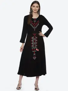 Rangriti Women Black & Red Embroidered Cotton A-Line Midi Dress