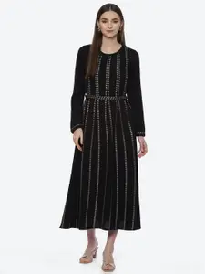 Rangriti Women Black Embellished Cotton Midi Dress