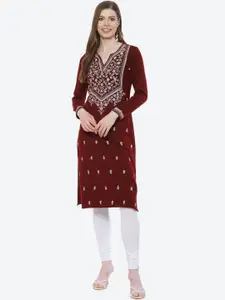 Rangriti Women Maroon Thread Work Kurta