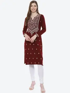 Rangriti Women Maroon Ethnic Motifs Embroidered Kurta