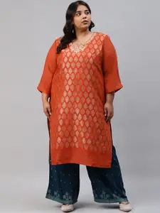 W Women Red Ethnic Motifs Thread Work Kurta