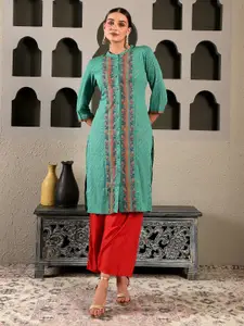 W Women Green Mandarin Collar Printed Kurta