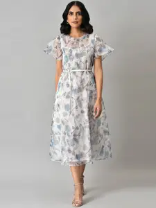 W Women Off- White & Grey Abstract Printed A-Line Ethnic Dress