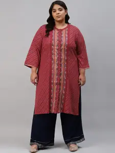 W Women Red Geometric Striped Flared Printed Sleeves Kurta