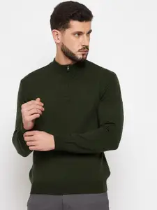 Okane Men Olive Green Solid Acrylic Pullover