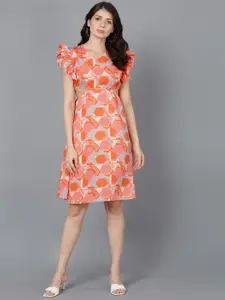 Fashfun Peach-Coloured Printed Crepe A-Line Dress