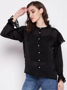 Madame Black Women Striped Mandarin Collar Shirt Style Top