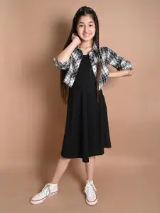 LilPicks Girls Black & White Acrylic A-Line Midi Dress with Checkered Shirt Jacket