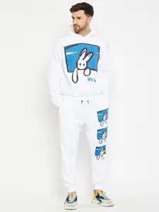 FUGAZEE Men White & Blue Printed Hooded T-shirt with Trousers