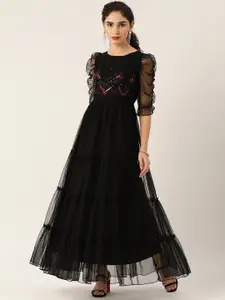 Antheaa Black Embellished Net Tiered Ethnic Maxi Dress
