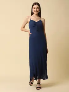 RAASSIO Women Blue Solid Crepe Maxi Gathered Dress