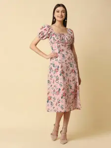 RAASSIO Women Pink Floral Cotton Midi Dress
