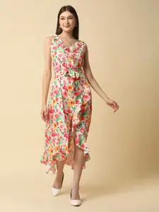 RAASSIO Off White & Pink Floral A-Line Dress