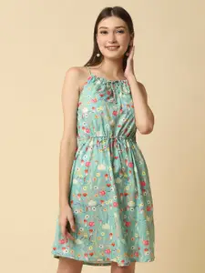 RAASSIO Women Green & Red Floral Printed A-Line Dress
