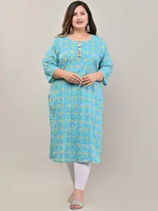 Swasti Women Plus Size Blue And Orange Floral Block Printed Cotton Straight Kurta