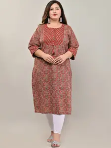 Swasti Women Plus Size Maroon & Beige Floral Printed Pure Cotton Kurta