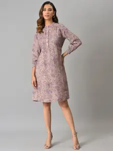 W Violet & Beige Cotton Floral A-Line Dress