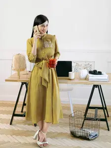W Women Yellow Waist Belted A-Line Midi Dress