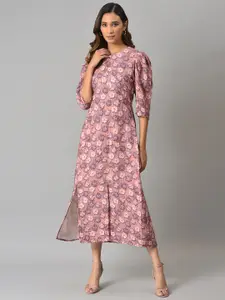 W Women Pink & Purple Floral Printed Keyhole Neck A-Line Pure Cotton Midi Dress