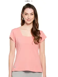 UNMADE Woman Pink Square Neck Cotton Short Sleeves Top