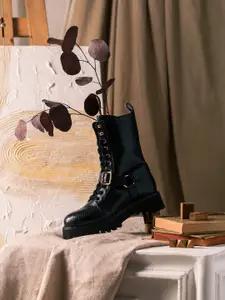 "Saint G Black Leather Lace Up Mid-Top Regular Block Heels Boots