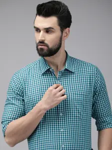 Van Heusen Men Teal Green & White Slim Fit Checked Pure Cotton Formal Shirt