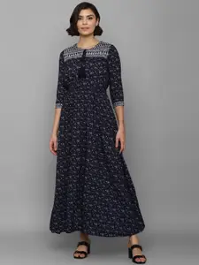 Allen Solly Woman Navy Blue Ethnic Motifs Printed Tie-Up Neck Maxi Dress
