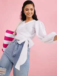 Styli Woman Solid V-Neck Bishop Sleeves Waist Tie-Ups Wrap Crop Top