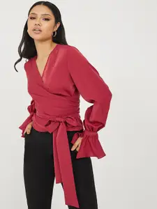 Styli Bell Sleeves Wrap Around Top