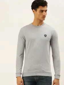 PETER ENGLAND UNIVERSITY Men Grey Melange Solid Brand Logo Applique Slim Fit Sweatshirt