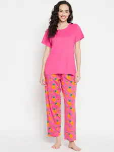 Clovia Clovia Women Pink & Mustard Cotton Pineapple Print Pyjama & Top Night suit LS0413Q143XL