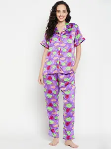 Clovia Clovia Women Purple & Green Printed Night suit