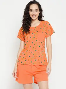 Clovia Clovia Women Peach-& Green Printed Cotton Blend Night suit