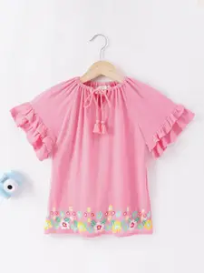 Ed-a-Mamma Girls Pink Floral Embroidered Tie-Up Neck Pure Cotton Longline Top