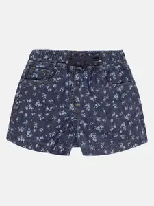 KiddoPanti Girls Blue Floral Printed Denim Shorts