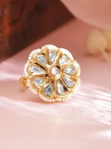 Rubans 22K Gold-Plated White Kundan-Studded & Beaded Adjustable Finger Ring