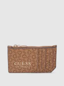 GUESS Women Brown Brand Logo Textured Card Holder