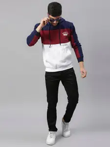Hubberholme Men White Colourblocked Hooded Sweatshirt