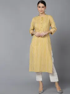 AHIKA Women Mustard Yellow Striped Cotton Kurta