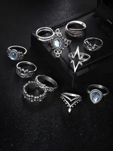 Jewels Galaxy Set Of 11 Silver-Plated & Toned Stones Studded Oxidised Finger Rings