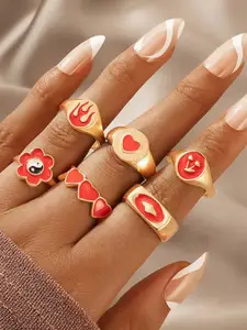 Jewels Galaxy Set Of 6 Women Gold Plated Red Finger Ring