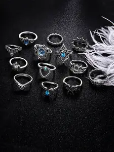 Jewels Galaxy Set Of 13 Silver-Plated & Toned Blue Stones Studded Oxidised Finger Rings